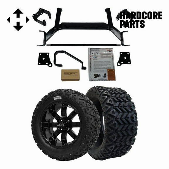 Hardcore Parts 6" Drop Axle Lift Kit for EZGO TXT/PDS (2001.5-2013) Electric Golf Cart with 14" Black 'TEMPEST' Wheels and 23"x10"-14" DOT rated All-Terrain tires