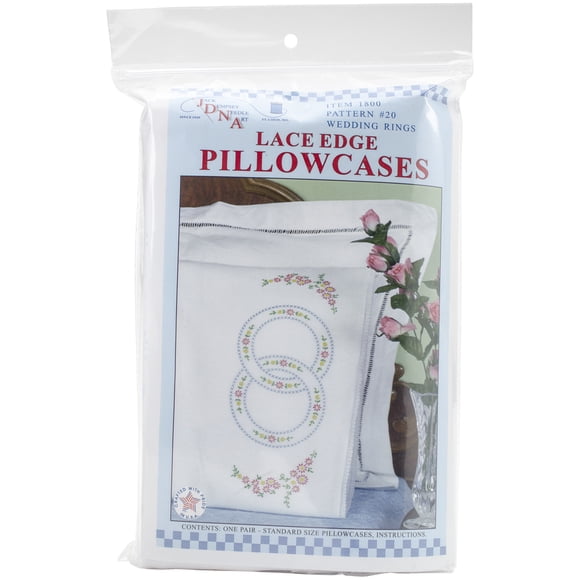 Stamped Pillowcases W/White Lace Edge 2/Pkg-Wedding Rings