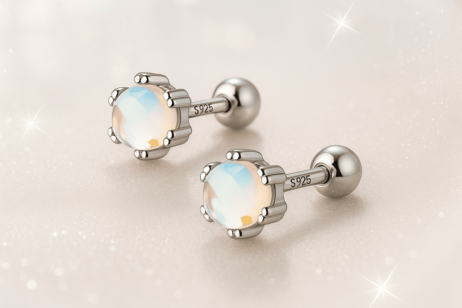RYSKYJEWELRY Screw Back Stud Moonstone Earrings in Sterling Silver, Adult
