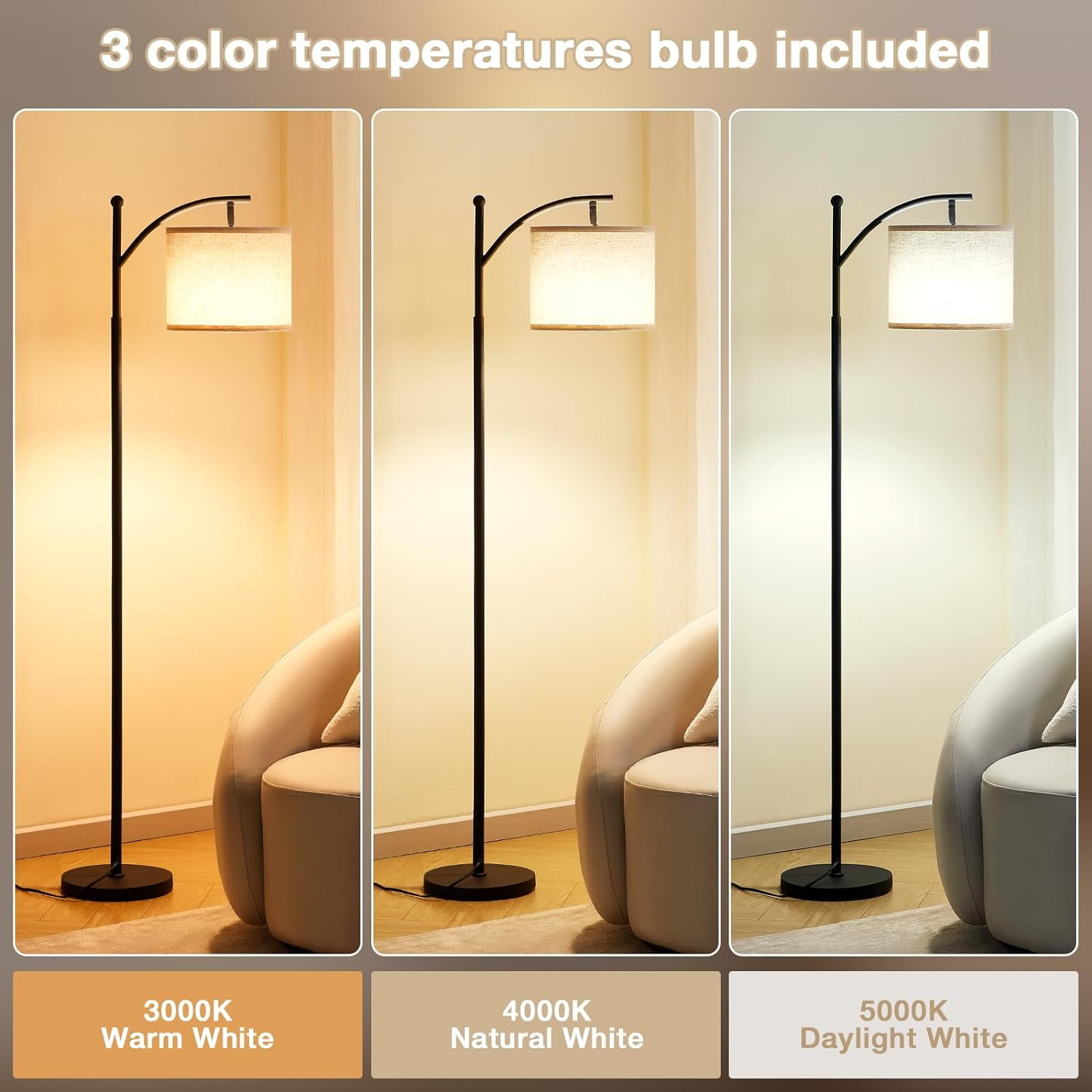 BN-LINK Dimmable Floor Lamp with 3 Color Temperatures, Standing Lamp with Linen Shade & LED Bulb Included, Tall Lamp for Living Room, Office, Dining Room(Black)