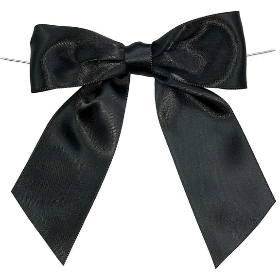 Pre-Tied Black Satin Bows - 4 1/2" Wide, Set of 12, Wired Craft Ribbon, Wedding, Christmas