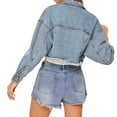 thumbnail image 6 of Oplxuo Women's Cropped Denim Jacket | Distressed Button-Down Jean Jacket | Long Sleeve Ripped & Frayed Blue Coat, 6 of 6