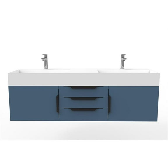 Amazon 60" Blue Wood Floating Vanity with White Top and Black Trim