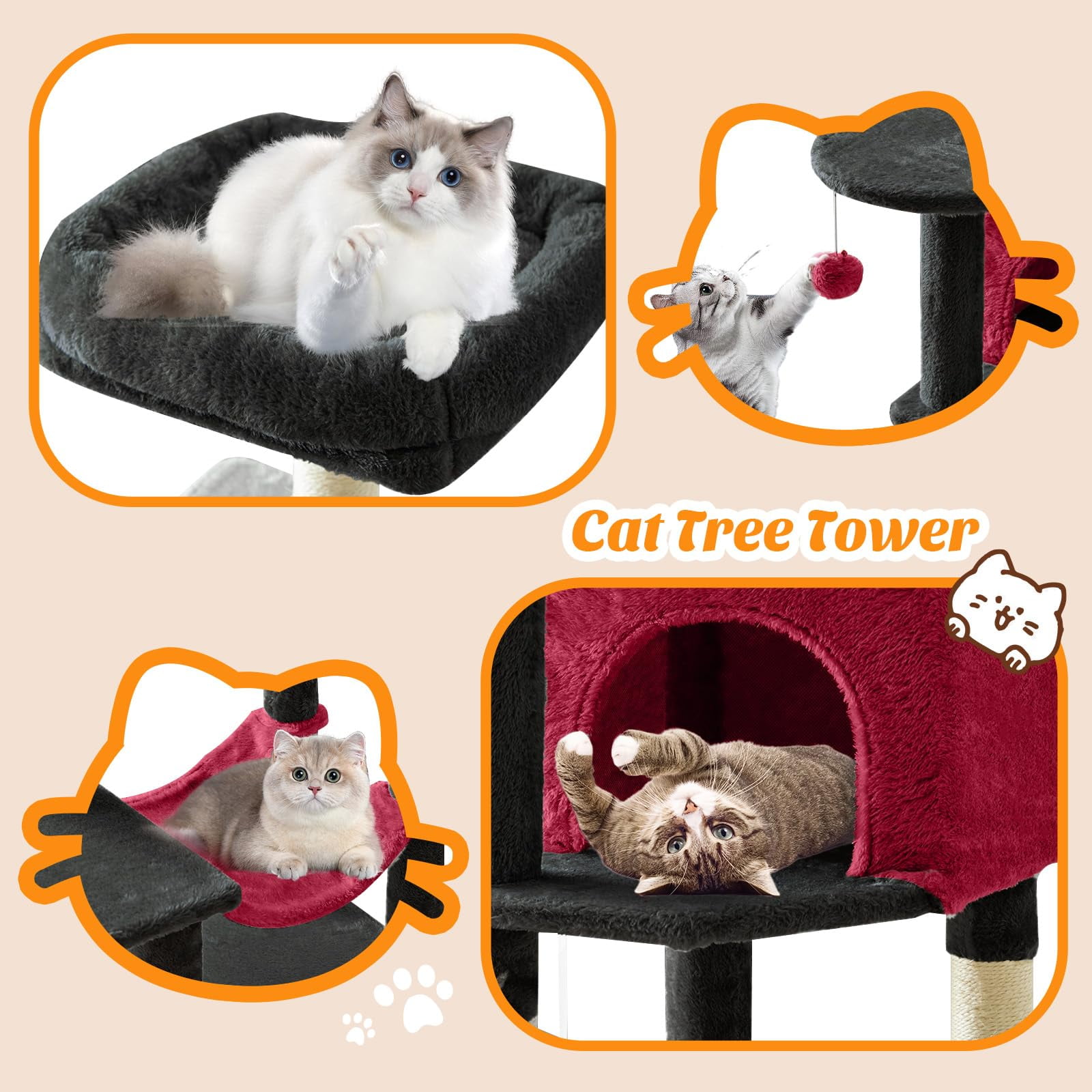 Atilioo 44 inch Cat Tree, Multi-Level Indoor Cat Tower with Condo, Hammock, Sisal Scratching Posts, Anti-Tip Bolts for Indoor Cats, Black Red