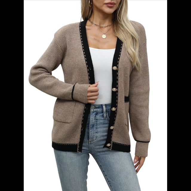 Chaquetas de Punto con Botones, Larga y Bolsillos para Mujer, Otoño e Invierno Color Camello S