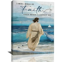 Jesus Wall Art Christian Bible Verse Print Religious Scriptures Painting Ocean Beach Coastal Pictures Wall Decor Jesus Pictures for Wall Modern Artwork Home Decor for Bathroom Bedroom 12"x16"