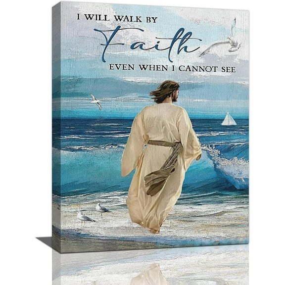 Jesus Wall Art Christian Bible Verse Print Religious Scriptures Painting Ocean Beach Coastal Pictures Wall Decor Jesus Pictures for Wall Modern Artwork Home Decor for Bathroom Bedroom 12"x16"
