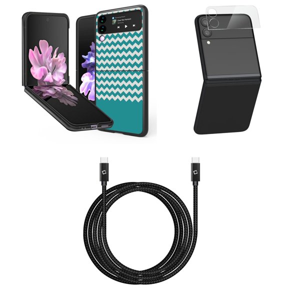 Bemz Premium Bundle for Samsung Galaxy Z Flip 3 5G: Slim Snap-On Protector Case (Teal Chevron), Rear Camera Glass Protector, Nylon Braided USB-C to USB-C Cable (4 Feet)