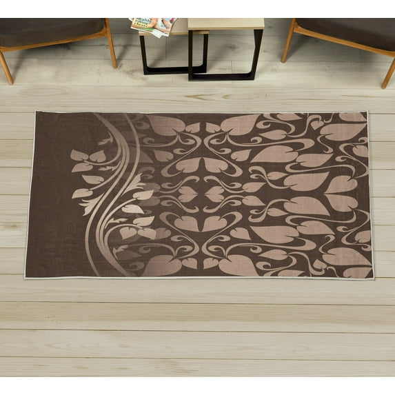 Floral Decorative Rug, Romantic Royal Leaf Pattern Yellow Colored Blossoming Branch Leaves Art, Quality Carpet for Bedroom Dorm and Living Room, 6 Sizes, Brown Cocoa, by Ambesonne