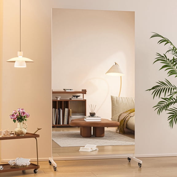 Hasipu 67"x40" Full Body Mirror on Wheels - 360° Swivel Home Gym Mirror, Extra Large Tempered Glass Rolling Mirror for Yoga, Dance Studio & Bedroom, White