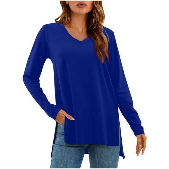Perfectbot T Shirts for Womens V Neck Long Sleeves Side Slit Basic Tops Fall Flowy Tunic Blouses