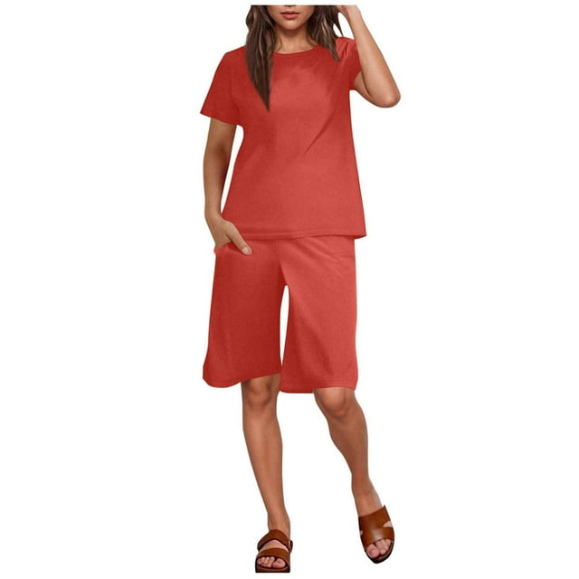 Yanlir Womens Solid Color Sleeveless 2 Piece Outfits 2025 Oversized Summer Shirts Shorts Set Casual Beach Ribbed Short Sleeve Matching Set(Red#1,L)