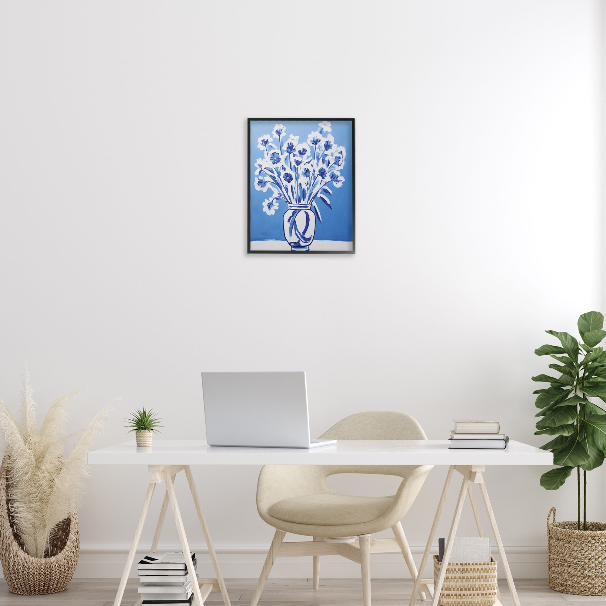 Blue & White Contrast Flowers Black Framed Giclee Art, design by Lettered and Lined