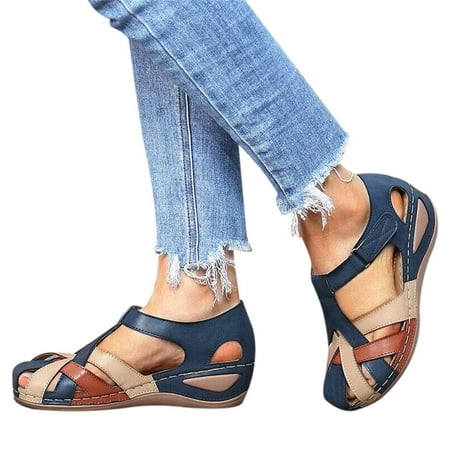 

Women s Sandals Wedges Heel Flat Hook and Loop Sandals with Cross Strap Beach Sandal Blue 39
