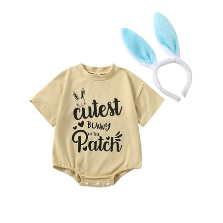 

xkwyshop Newborn Baby Girls Easter Outfit Letter Printed Short Sleeve Romper Summer Jumpsuits + Bunny Ears Headband Apricot