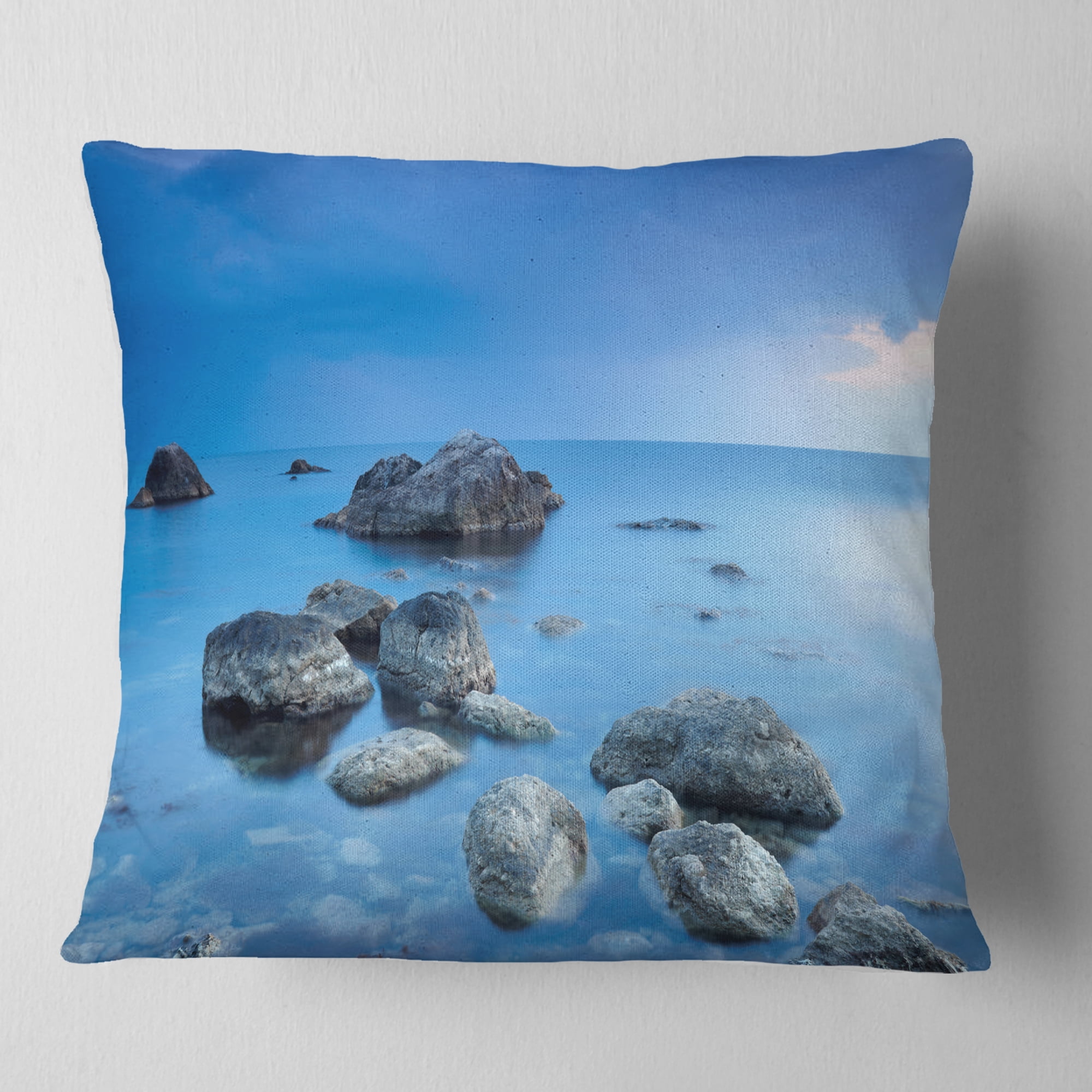 Designart Rocky Blue Sea - Seascape Photography Throw Pillow - 16x16