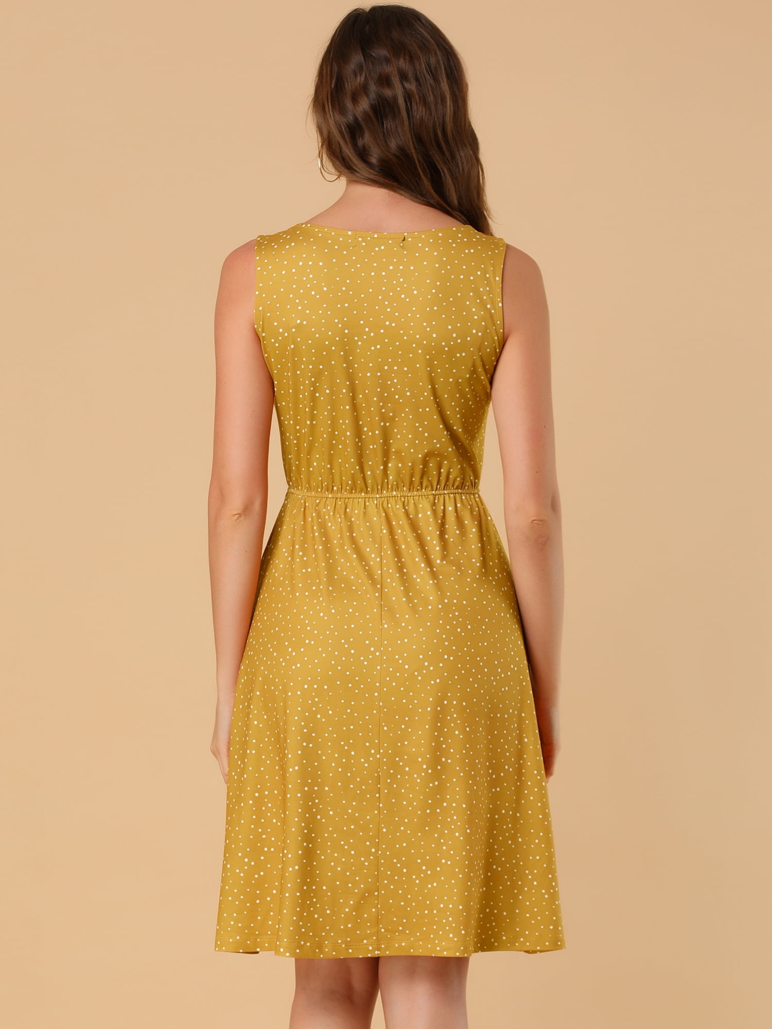 Unique Bargains Women's Midi Polka Dots V-Neck Tie Drawstring Waist Sleeveless Dress S Yellow