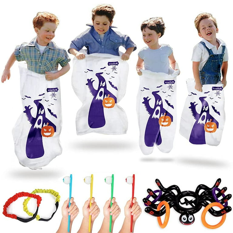 Halloween Outdoor Game Set 19-Pack - Potato Sack Race Bags, Inflatable Spider Toss, Spoon & Egg Race, Legged Relay Bands