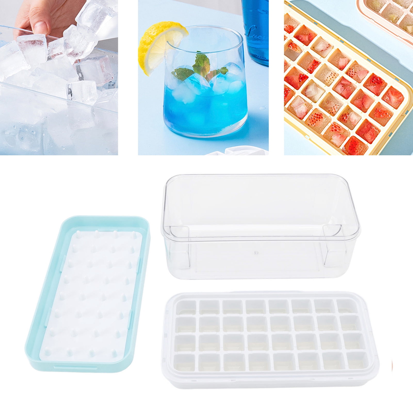 M Buder Ice Cube Tray Single Layer with Lid and Storage Box, Silicone Ice Maker Mold with Scoop for Home Kitchen, Freezer Ice Bin, Blue (10.2 x 5.3 inches / 26 x 13.5 cm)