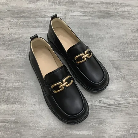 

Women‘s Metal Chain Decor Loafers Low Heel Black Slip On Flat Shoes Round Toe Walking Shoes