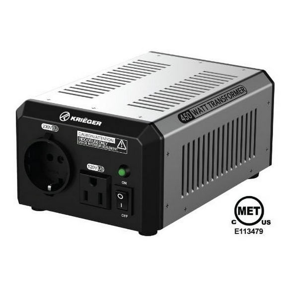 KRIEGER® 450 Watt Voltage Transformer 120V to from 230V AC outlet American European Step up down Converter 50 60 Hz outlets, IEC German Schuko Nema 5-15P cord connection MET certified to UL CSA ULT450