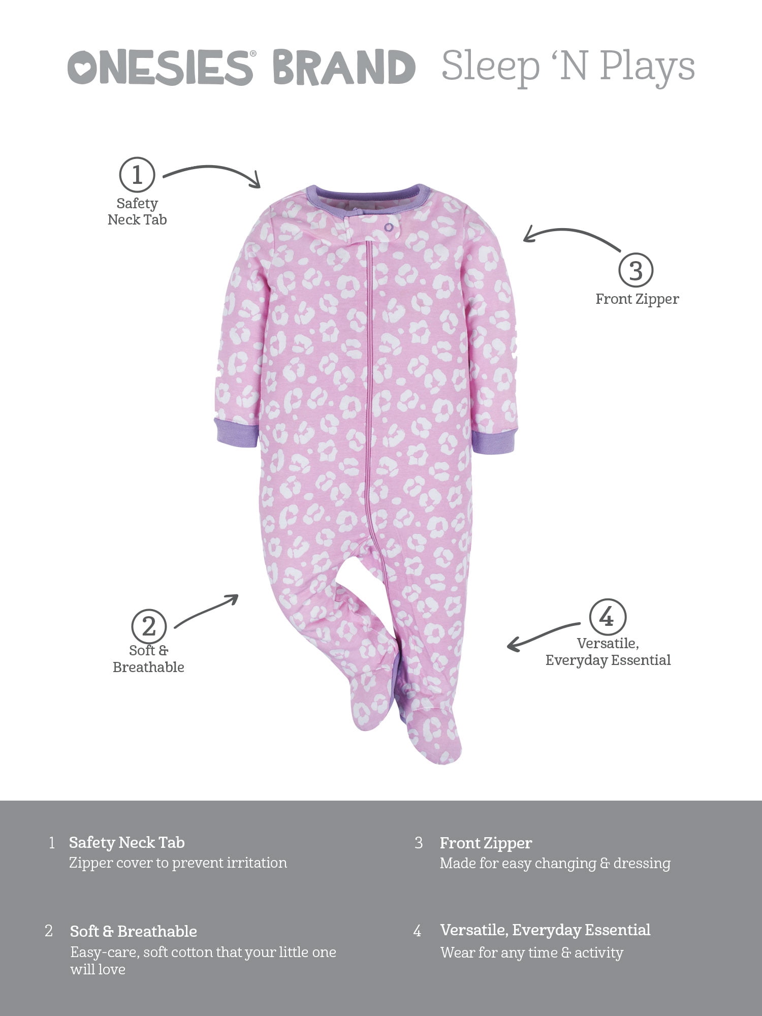 Onesies Brand Baby Girl Sleep 'n Play Footed Pajamas, 4-Pack, Sizes Newborn-6/9 Months