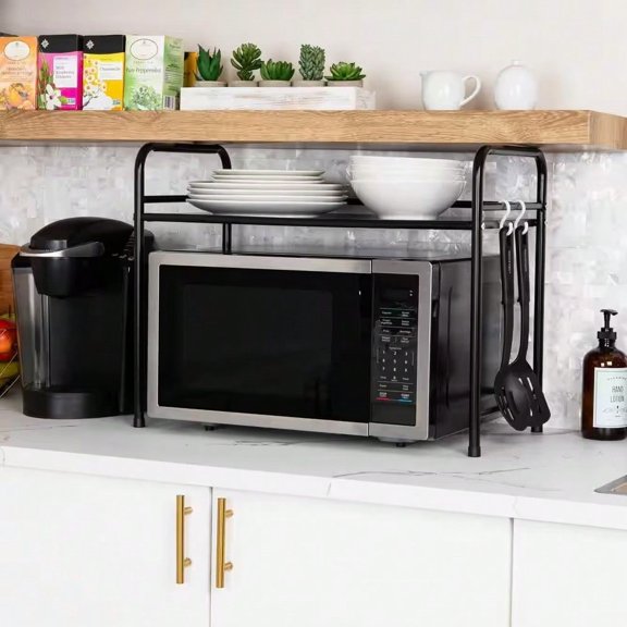 Kitchen storage microwave oven bracket shelf metal organizer shelf, used for storing spices, tableware and accessories, as well as assembled office supplies.
