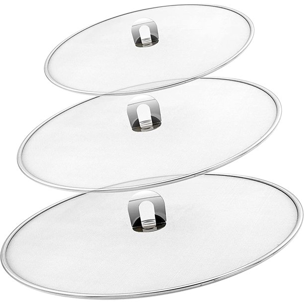 3 Pieces Splatter Guard Lid, Stainless Steel Pan Cover with Folding Kitchen Handle, Fine Mesh