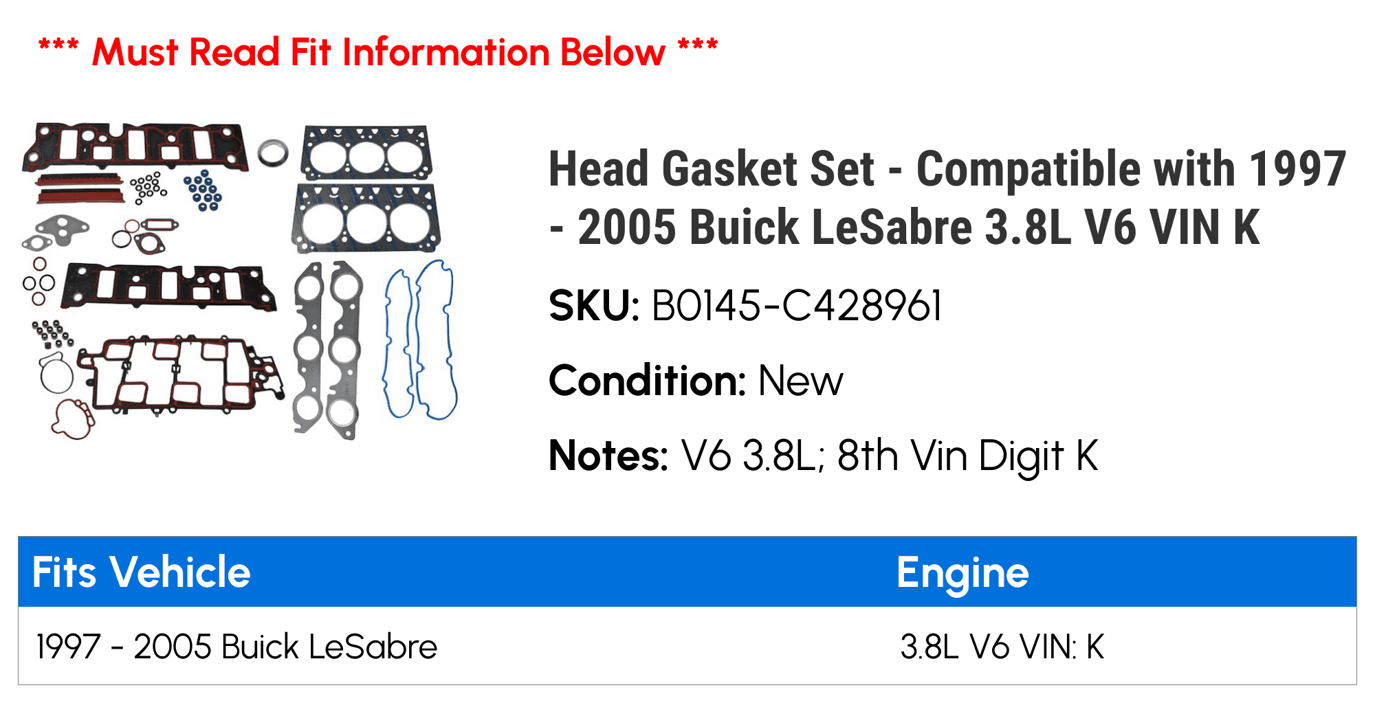 Head Gasket Set Compatible with 1997 2005 Buick LeSabre 3.8L V6 VIN K  1998 1999 2000 2001 2002 2003 2004