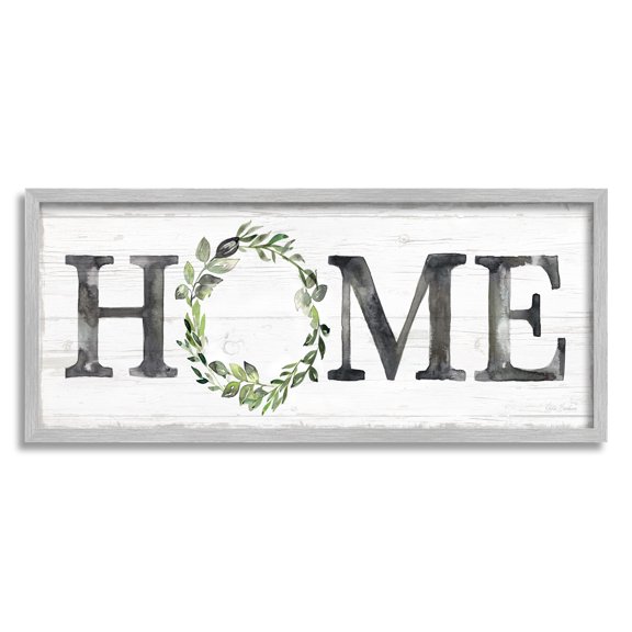 Stupell Industries Weathered Pattern Home Sign Botanical Wreath Greenery Graphic Art Gray Framed Art Print Wall Art, Design by Kristen Brockmon