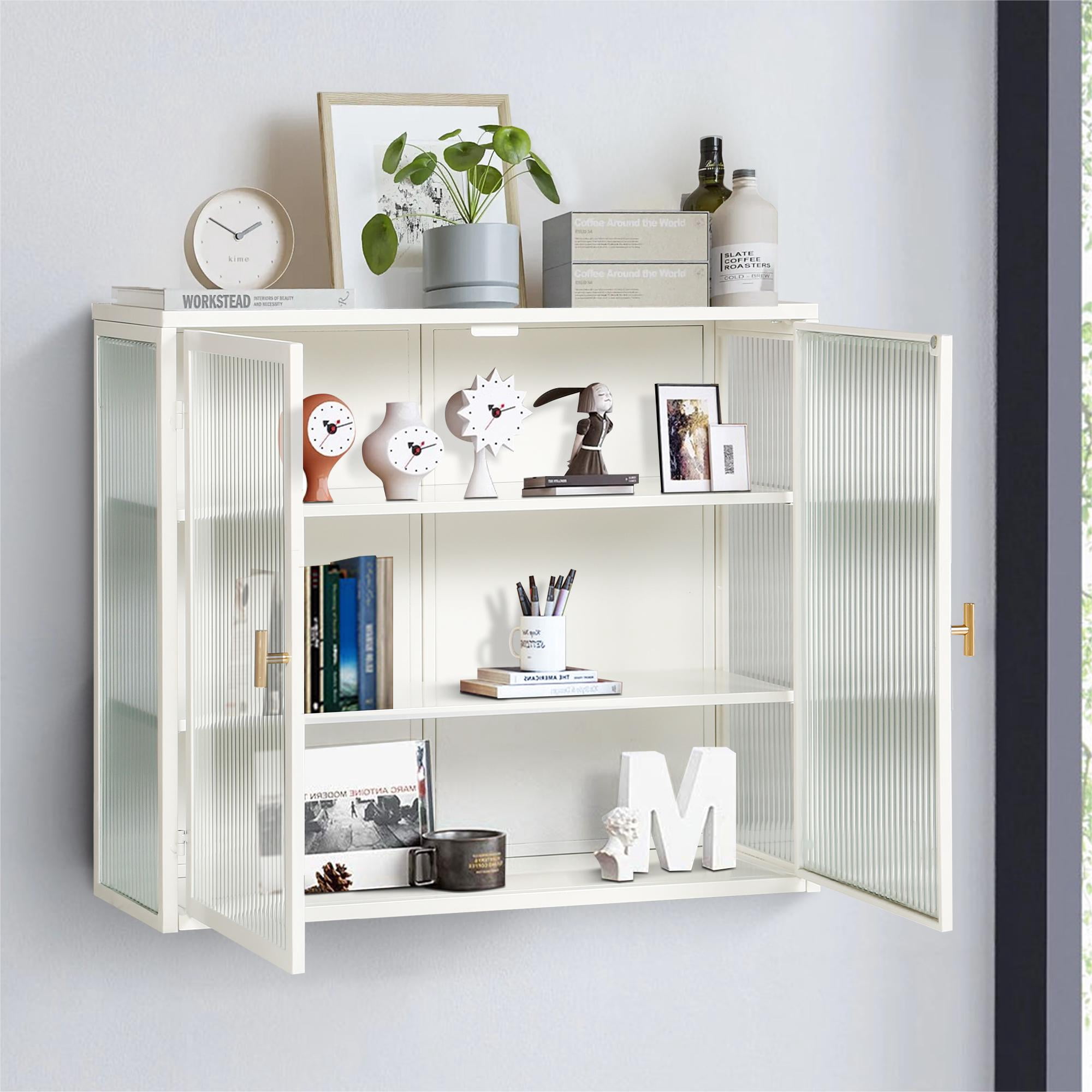 Bathroom Medicine Cabinet,Modern Glass Doors Two-door Wall Cabinet with Three-tier Storage for Bathroom,Kitchen,White