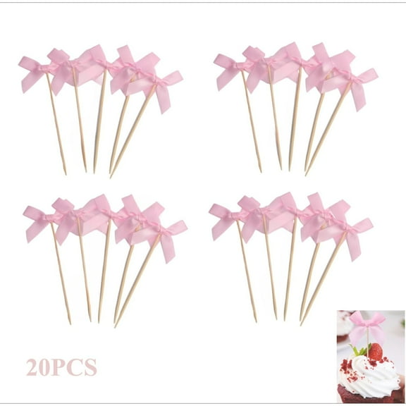 Bow Cupcake Toppers 20PCS Pink Bow Birthday Decorations (3.94×1.57in)