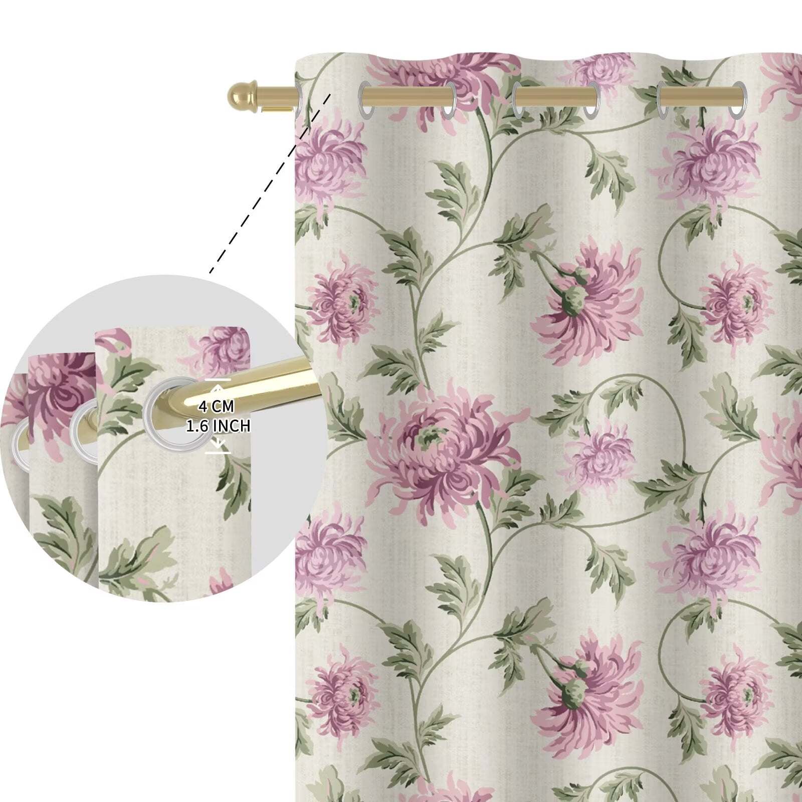 Nanqianyi Pink Floral Blackout Curtains, Linen Texture Vine Grommet Drapes for Living Room Bedroom, 2 Panels, 52"W x 84"L