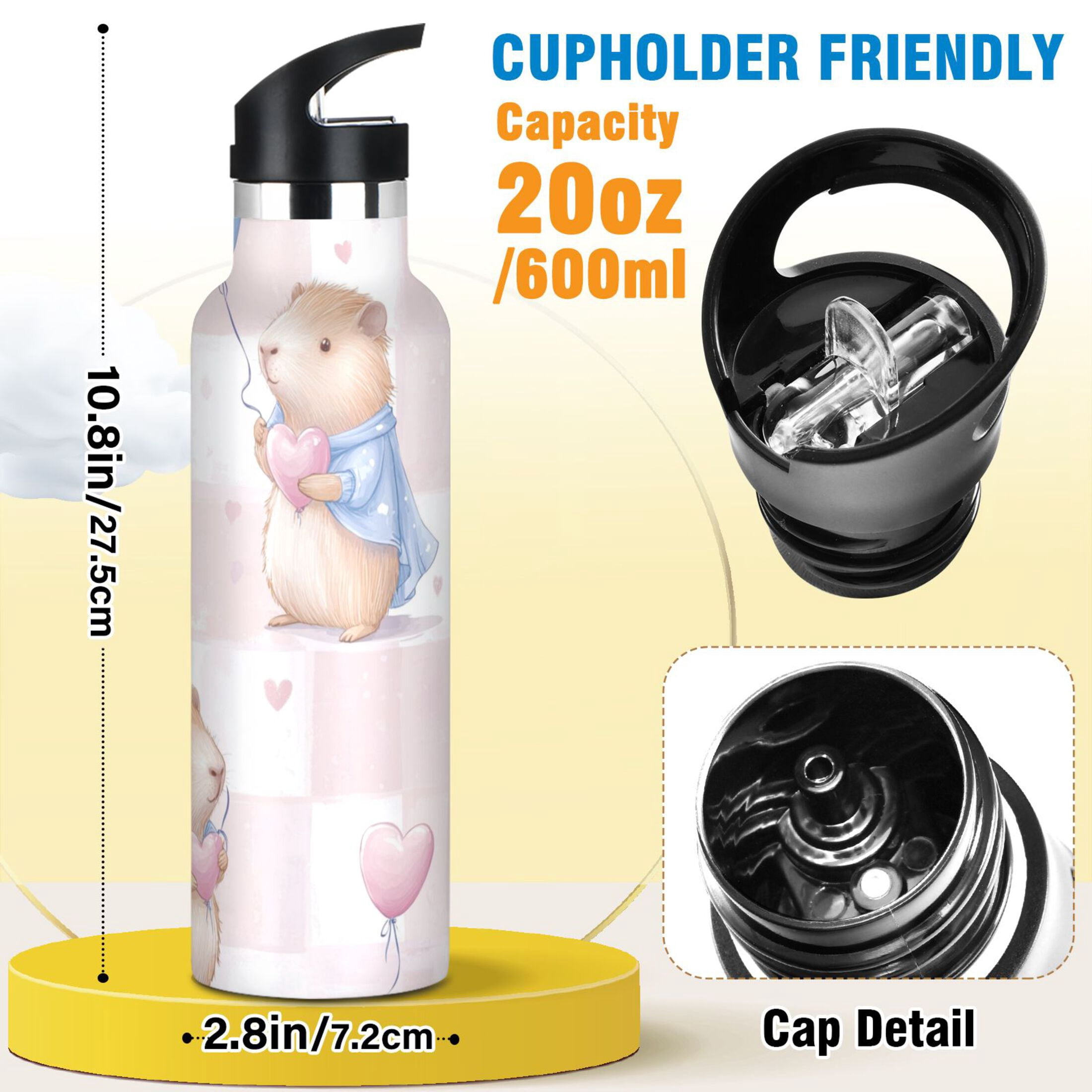 Kids Insulated Stainless Steel Sports Water Bottle 600ml (20oz) Capybaras Holding Balloons