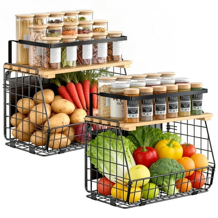 TINANA Magnetic Shelf for Fridge with Wood Lid, 2 Pack Heavy-Duty Magnetic Refrigerator Organizer, Fruit Potato Onion Storage Bin & Magnetic Spice Rack for Kitchen, Pantry & RV