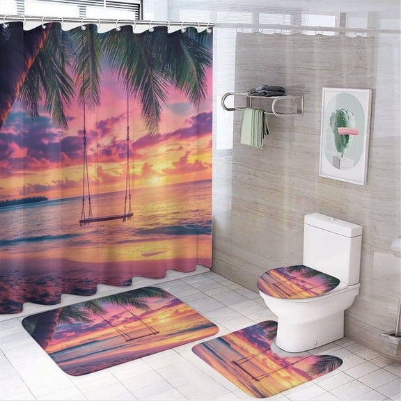 Shower Curtain 4 Piece Sets Beach with Palm Trees Sunset with Non-Slip Rugs Toilet Lid Cover And Bath Mat Shower Curtain Set Sunset Beach 12 Hooks for Bathroom Decor Sets 72inch X 72inch