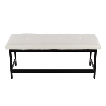 Black Metal Frame Bench with White Faux Leather Upholstery for Entryway Bedroom or Living Room Seating