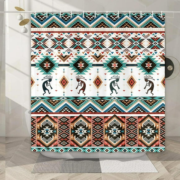 Boho Western Aztec Shower Curtain - Vintage Geometric Tribal Bath Decor, Beige Teal, 72x72in