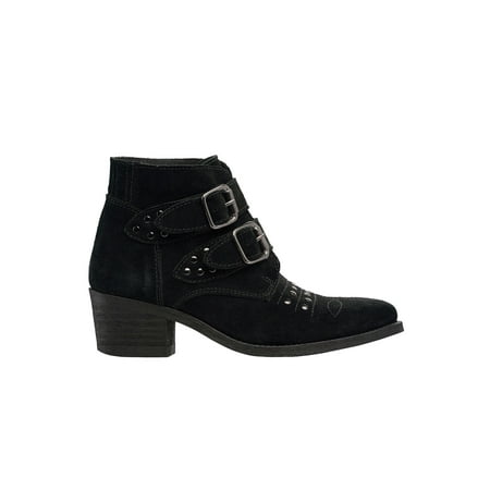 

ellos Two Buckle Suede Bootie Short Ankle Boot Low Heel Women s Winter Shoes - 7 M Black