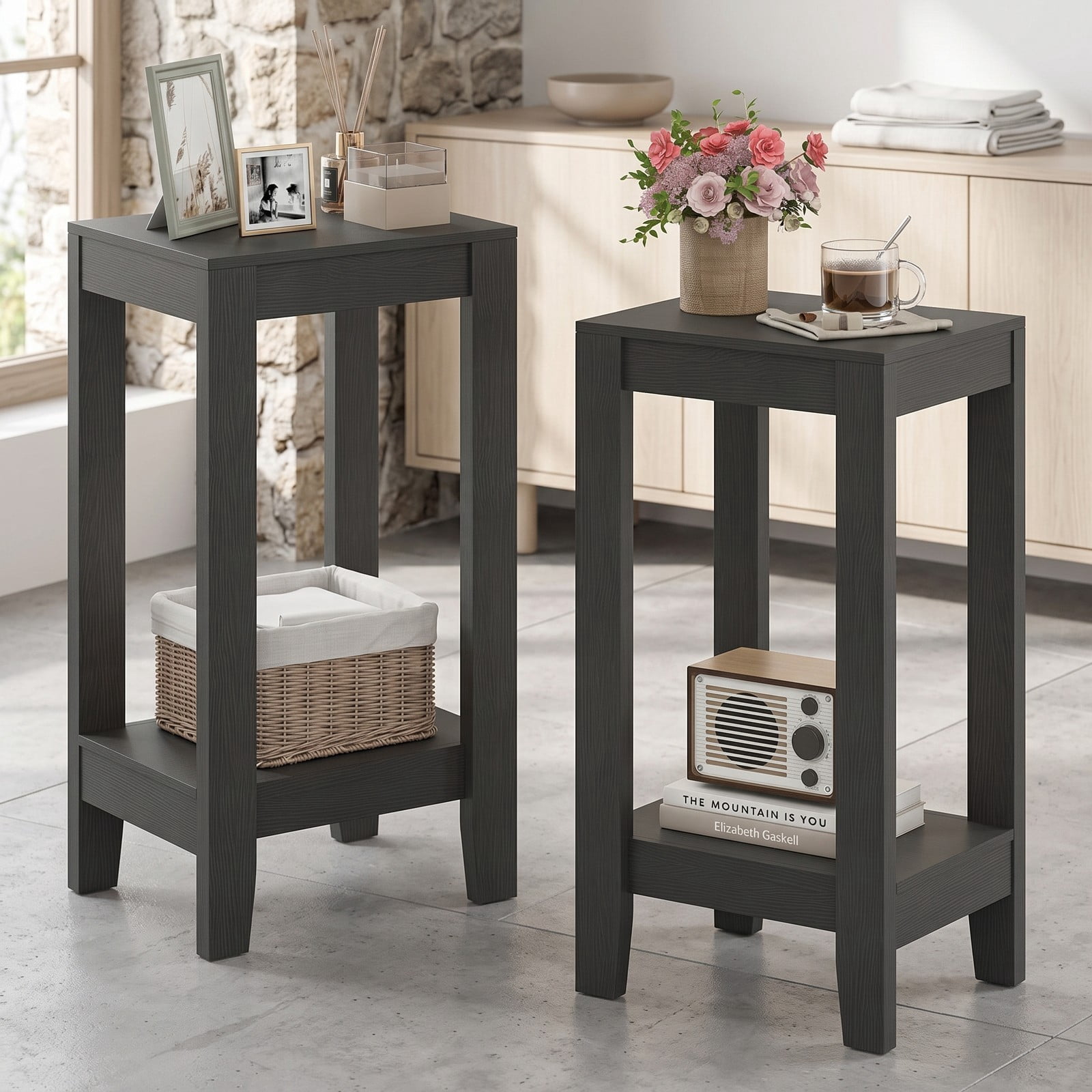 Furnibear Set of 2 End Tables 2-Tier Nightstand Side Table with Storage Shelf for Living Room Bedroom Small Space, Wood Sofa Side End Table Set, Black