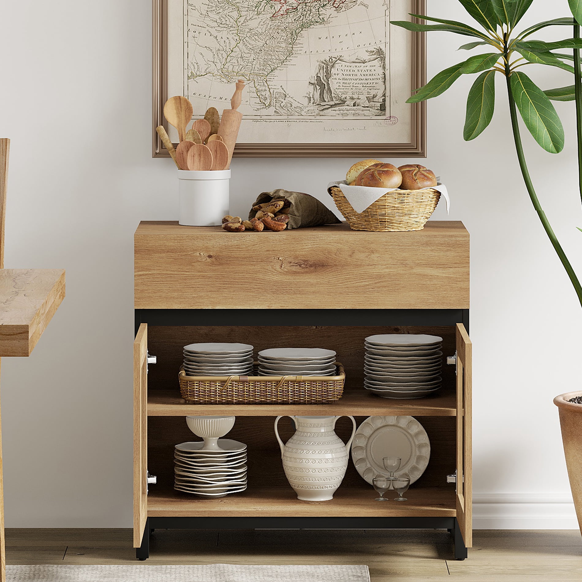 WAMPAT 94.5" Multifunctional Modern Sideboard Buffet Cabinet with 6 Glass Doors & 3 Drawers, Credenza & Coffee Bar Storage Cabinet for Living Room & Kitchen