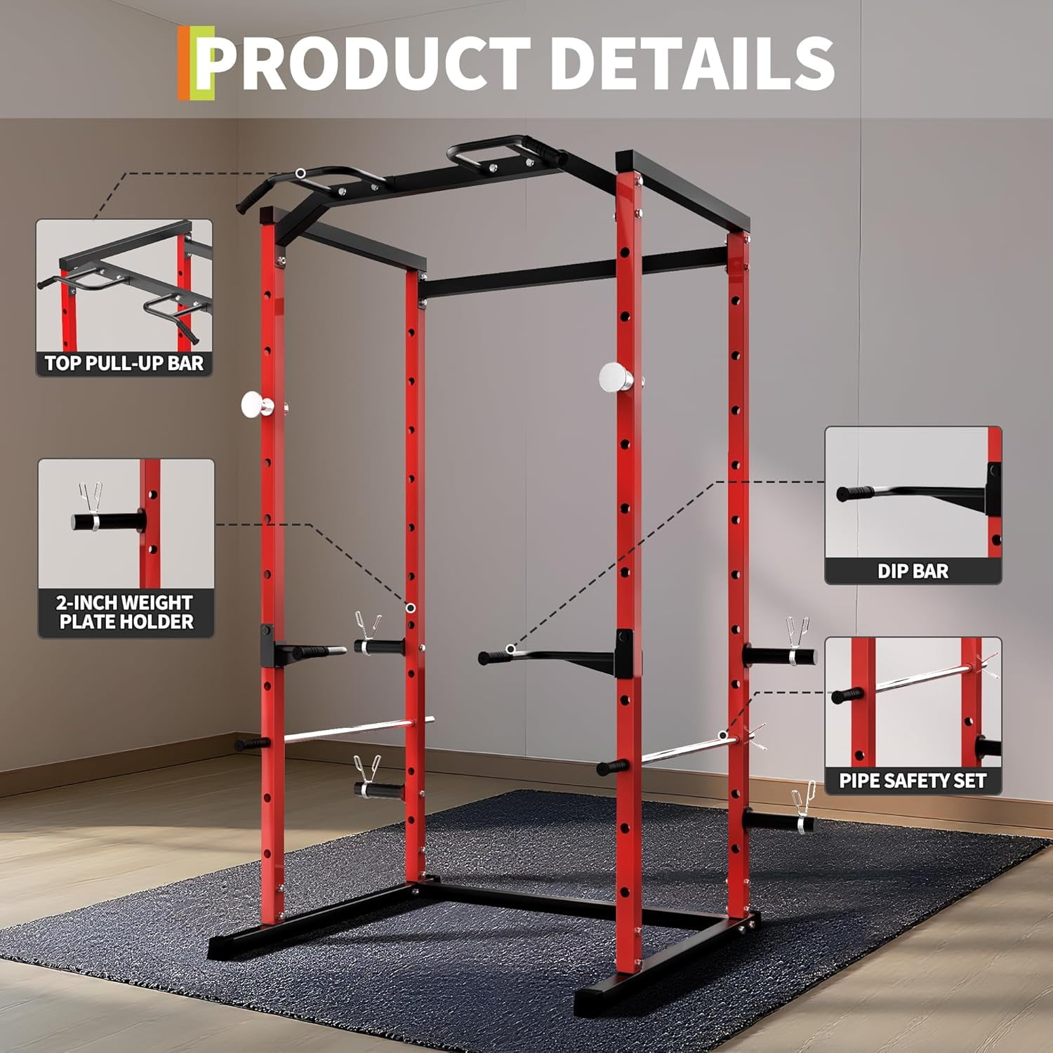 Power Cage Squat Rack with Pull-Up Bar, Dip Bars, & Adjustable Safety Bars, Strength Training for Home Gym 1100 lb Capacity