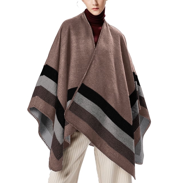 WTXUE Poncho Shawl Boho Cardigans Travel Plaid Shawl Open Front Cape Warm Oversized Sweaters Casual Cardigan Shawls Fall Winter Blanket Shawl Wraps Knitted Poncho Color Block Sweater Khaki One Size