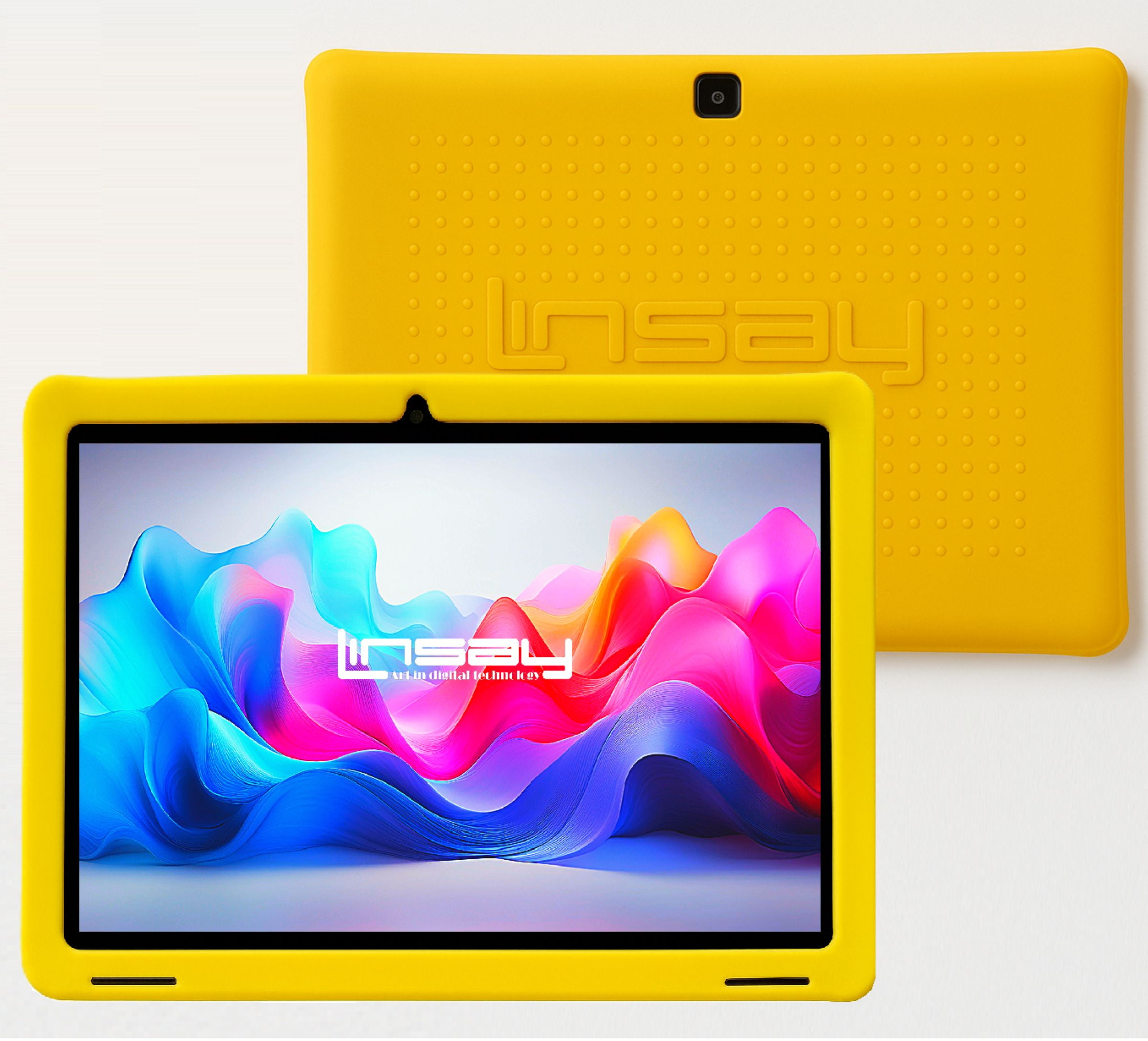 LINSAY 10.1 Octa Core 4GB Ram 128GB Android 15 Tablet for kids, Camera, Apps, Games with Yellow Defender Case, LED Backpack, Earphones, Holder and Pen