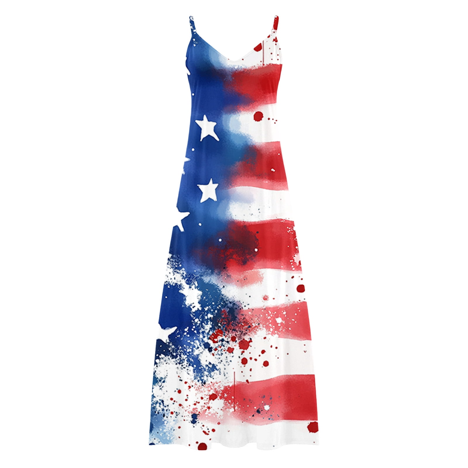 Plus Size Women 4th of July Sleeveless Dress Patriotic V Neck Maxi Dresses Spaghetti Strap Beach Long Dresses
