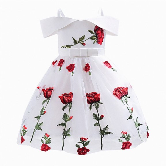 Splozh Toddler Prom Dress 12 18 24 Months 2T3T4T5T6T Girls Skirt Fashion Flower Dress Off Shoulder Princess Skirt Children Rose Embroidery Mesh Skirt,White,5-6 Years