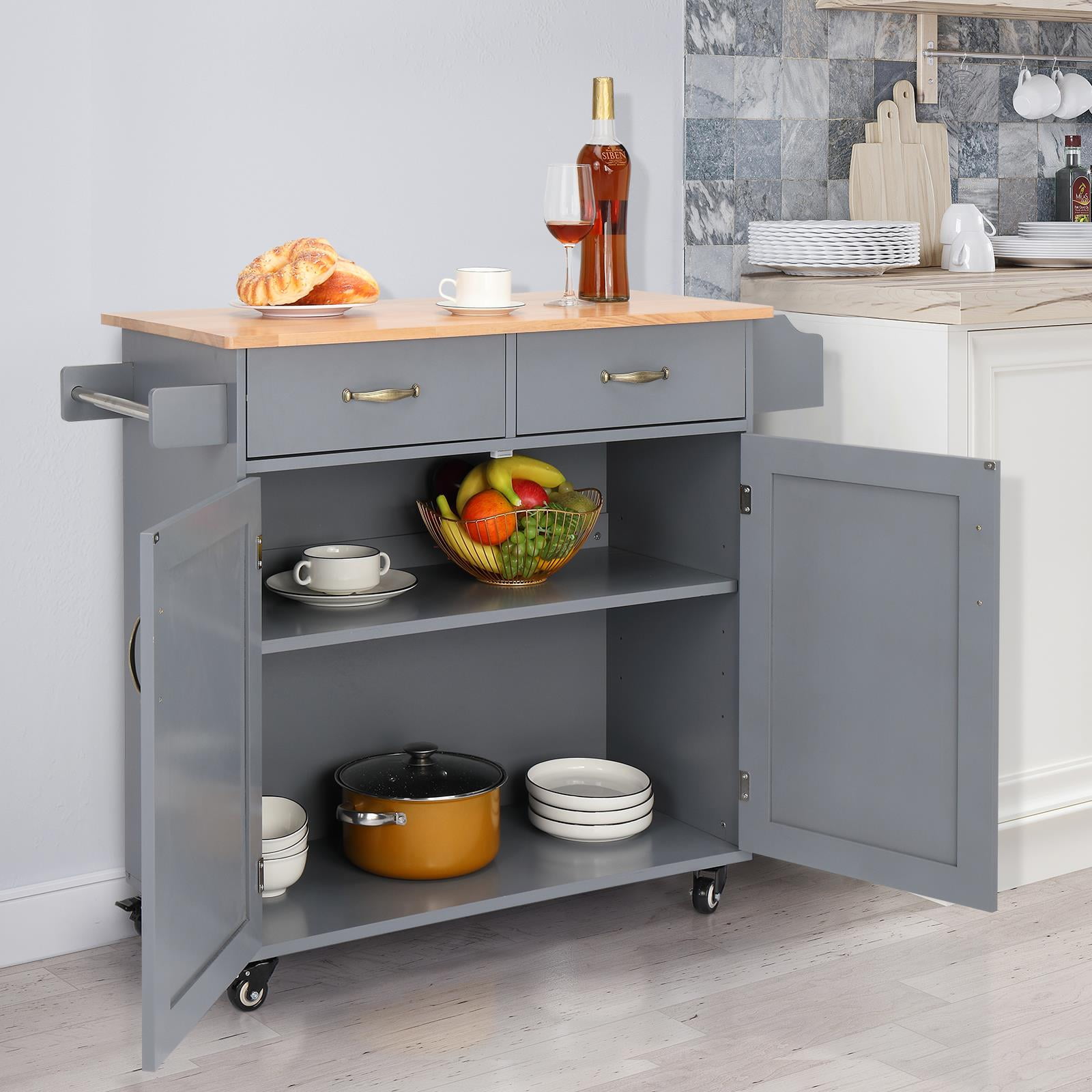 Zimtown Modern Rolling Kitchen Island Cart Wood Top Storage Trolley