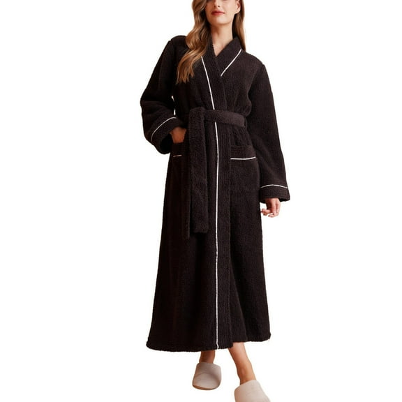 SWSMCLT Women's Long Bathrobe Plush Fleece Fuzzy Bathrobes Billowy Cold Weather Full Length Long Sleeve Bath Robe Calf Length Black X-Large-XX-Large