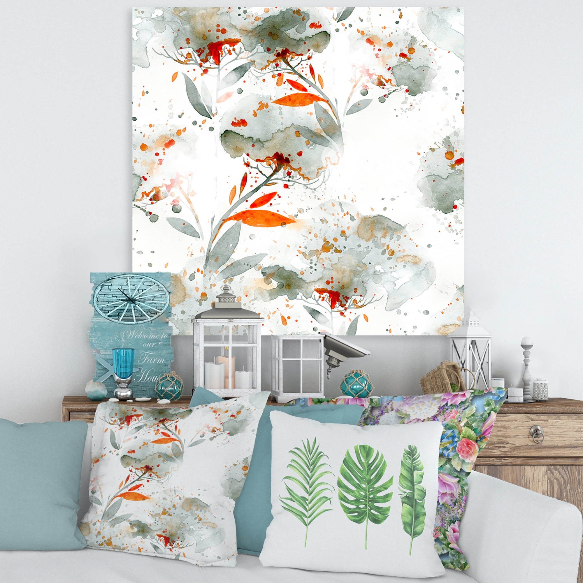 Designart ' Orange and Green Wildflowers I ' Modern Canvas Wall Art Print