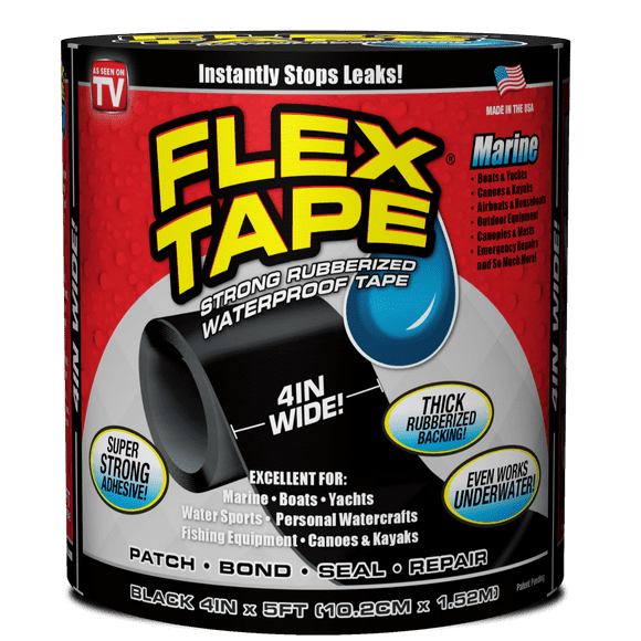 Flex Tape Ruban Adhésif Fort Caoutchouté Imperméable Marin, 4 Pouces x 5 Pieds, Noir